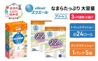 定期便 3ヵ月連続お届け エリエール [アソートI] なまらたっぷり 大容量 トイレットペーパー ティッシュ トイレ ボックスティッシュ 防災 ひとり暮らし 紙 常備品 備蓄品 消耗品 日用品 生活必需品 送料無料 赤平市 やわらかな肌触り 