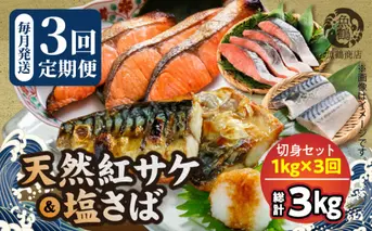 G60-T53_【定期便　全3回】人気の2種塩さば＆紅鮭切り身セット計3kg (1kg × 3回)
