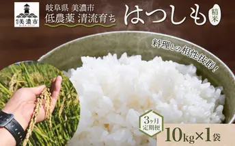 3ヶ月連続 3回 定期便 低農薬 清流育ち はつしも 精米 10kg×1袋 新米 お米 精白米 白米 米 ごはん 米 ご飯 ハツシモ あっさり ふっくら ブランド米 大粒 幻の米 お取り寄せ 自家用 贈答用 産地直送 送料無料 美濃グリーン 岐阜県 美濃市