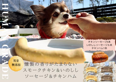 FB020　犬の無添加おかず☆燻製の香りがたまらないスモークチキン＆いのししソーセージ＆スモークチキンハム