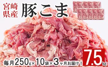 【3ヶ月定期便】 宮崎県産 豚 小間 切れ 250g×10×3回 合計7.5kg こま 小分け 豚肉 冷凍 宮崎県産 送料無料 炒め物 焼肉 調理 料理 豚汁 カレー 豚丼 生姜焼き 照り焼き 甘辛煮 あんかけ 焼きそば 大容量 真空 手切り カット やわらかい 普段使い おかず