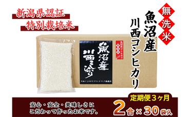 【定期便／全3回】無洗米 魚沼産こしひかり2合×30袋 新潟県認証特別栽培米