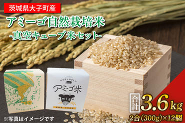 アミーゴ自然栽培米（5年目)  玄米 真空キューブ米 2合(300g)×12個セット 計3.6kg 茨城県 大子町 米(CA007)