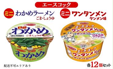 ミニ わかめラーメン ごま・しょうゆ ＆ ミニ ワンタンメン タンメン味 食べ比べ 各12個入[ エースコック ラーメン インスタント カップ麺 即席めん 時短 防災 備蓄 保存食 非常食 箱 ケース ]