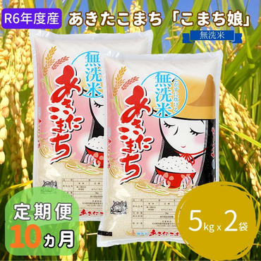 米 定期便 R6年度産 先行予約 『こまち娘』 あきたこまち 無洗米 5kg × 2袋 10ヶ月連続発送（合計100kg）吉運商店 秋田県 男鹿市 お米 お弁当 おにぎり