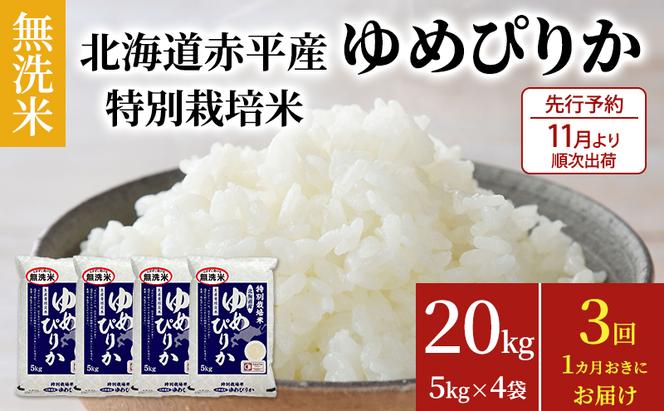 【先行予約2024年産米・11月より順次出荷】無洗米 北海道赤平産 ゆめぴりか 20kg (5kg×4袋) 特別栽培米 【1ヵ月おきに3回お届け】 米 北海道 定期便