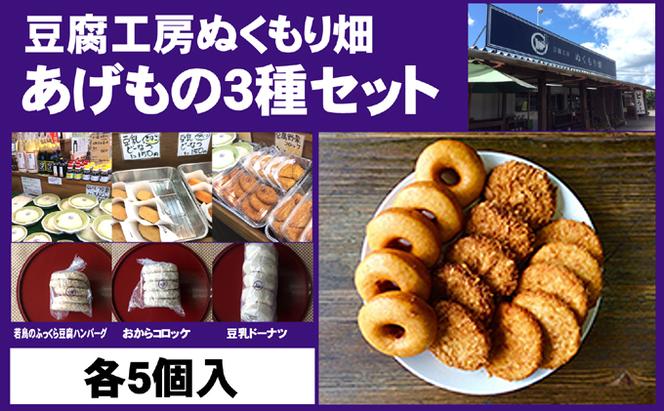 朝倉のとうふ屋 あげもの セット 3種15個 配送不可 離島 加工食品 スイーツ おやつ おかず 豆乳ドーナツ 豆腐ハンバーグ おからコロッケ 洋食 夕飯 晩御飯 お弁当のおかず 