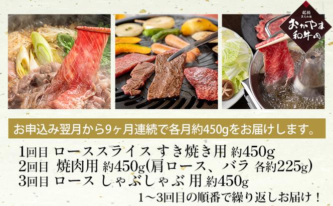定期便 9ヶ月 おかやま 和牛肉 A4等級以上 食べ比べ 毎月 約450g×9回 牛 赤身 肉 牛肉 冷凍
