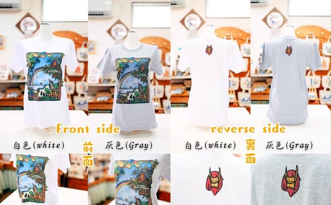 ＜白　Sサイズ＞【紅型デザイン工房ten天】　紅型　Tシャツ　okinawa abundant nature 沖縄　豊かな　自然　かわいい　レディース　メンズ　ユニセックス　男女兼用　キジムナー　ヤンバルクイナ　虹　おしゃれ　半袖　海　綿　綿100%