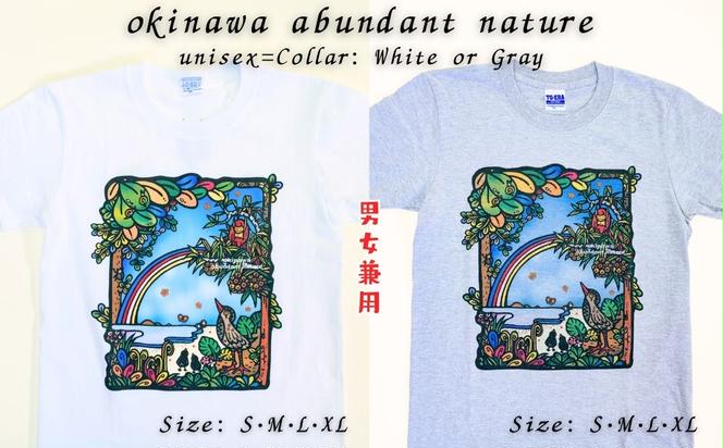 ＜白　Sサイズ＞【紅型デザイン工房ten天】　紅型　Tシャツ　okinawa abundant nature 沖縄　豊かな　自然　かわいい　レディース　メンズ　ユニセックス　男女兼用　キジムナー　ヤンバルクイナ　虹　おしゃれ　半袖　海　綿　綿100%