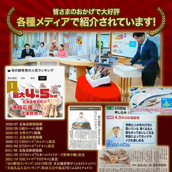 【2025年5月下旬発送】【緊急支援品】北海道 冷凍鮮魚セット 最大4.5kg 「漁師応援プロジェクト！」 下処理済み 4～5種 ホタテが必ず入る おまかせ セット 事業者支援 中国禁輸措置 鮮魚 魚 魚介 訳あり セット 詰め合わせ 期間限定