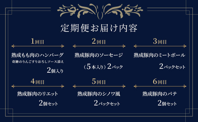 【6ヶ月連続お届け】【長谷川自然牧場産豚肉使用】【お家レストラン】レストラン山崎　満喫定期便  熟成豚肉使用　ハンバーグ2パック/ソーセージ【5本入り】2パック/ミートボール2パック/リエット2個/シノワ風2パック/熟成豚肉のパテ2個