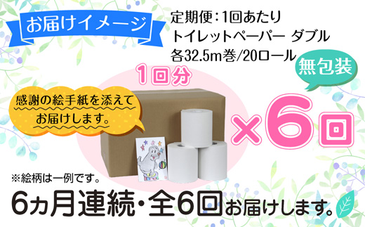 6ヵ月連続6回 定期便 トイレットペーパー ダブル 32.5m 20ロール 無包装 香りなし 日本製 日用品 備蓄 再生紙 リサイクル 業務用 無地 NPO法人支援センターあんしん 新潟県 十日町市