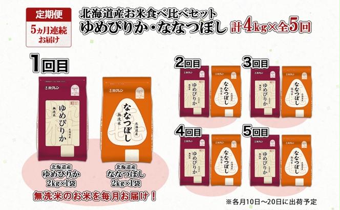 定期便 5ヵ月連続5回 北海道産 ゆめぴりか 喜ななつぼし 食べ比べ セット 無洗米 各2kg 計4kg 米 特A 白米 お取り寄せ ごはん ブランド米 ようてい農業協同組合 ホクレン 送料無料 北海道 倶知安町 