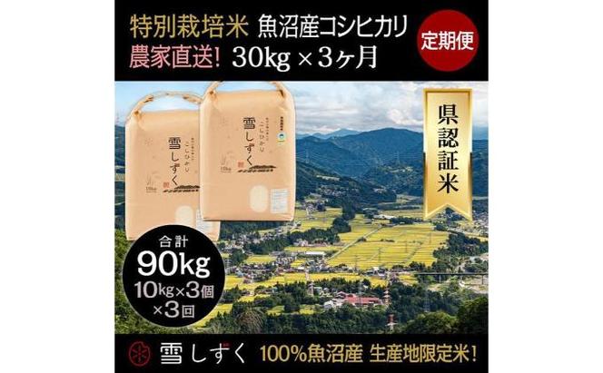 定期便！農家直送！県認証特別栽培魚沼産コシヒカリ【合計90kg】毎月30kg×3回