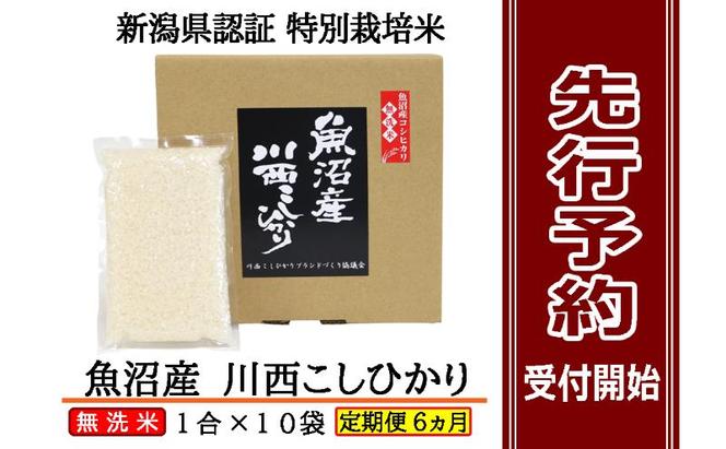 【先行予約】【定期便／全6回】無洗米 魚沼産コシヒカリ1合×10袋 新潟県認証特別栽培米 令和6年度米＜令和6年10月上旬～発送予定＞