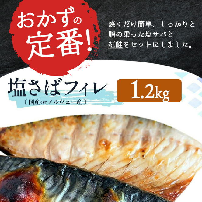 G7303_【ご家庭用 訳あり】人気の塩さばフィレ ＆ 紅鮭切身セット 計2kg