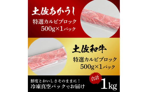 土佐あかうし＆土佐和牛2種食べ比べ（500g×2パック）1キロ 1kg 特選カルビブロック 特選 カルビ ブロック肉 牛肉 赤牛 和牛 国産 エイジングビーフ 天下味 エイジング工法 熟成肉 ギフト