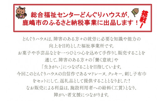 【期間限定】どんぐりハウス コロコロセット 【お菓子 セット スイーツ 福祉 刺し子 布巾 手芸 手作り 洋菓子 焼き菓子】（KCN-1）