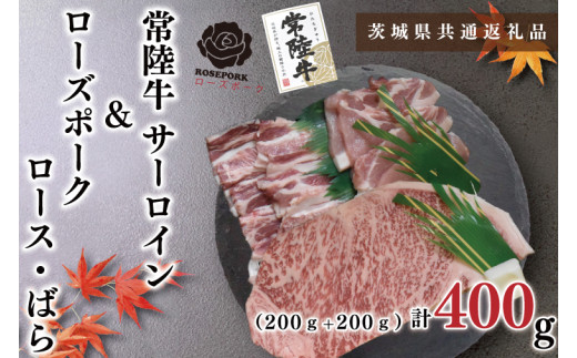 【茨城県共通返礼品】【常陸牛A5ランク・ローズポークステーキ焼肉セット】常陸牛サーロイン200ｇ＋ローズポーク200ｇ（ロース100ｇ・ばら100ｇ）（KCK-58）