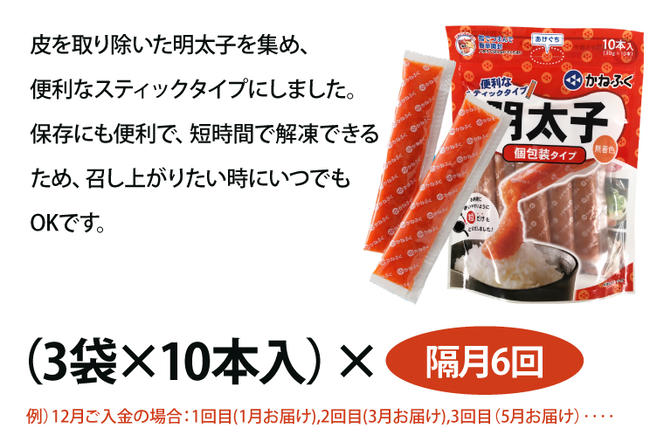 【定期便】 ☆CMで話題☆ 明太子 かねふく スティック 30本 (10本×3袋) 900g × 隔月6回 （2カ月に１度 30本 × 6回 お届け） 使い切り ばらこ 個包装 無着色 茨城 大洗 めんたいパーク めんたいこ 辛子明太子 皮なし チューブ 冷凍 魚介類 海鮮 魚卵 パスタ スパゲッティー おにぎり 小分け 家庭用 調味料 ほぐし 一人暮らし おかず ごはんのお供 人気 おすすめ ランキング