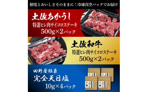 土佐あかうし＆土佐和牛2種食べ比べ 特選ヒレ肉サイコロステーキ500g 計4P 田野屋銀象完全天日塩4P付 牛肉 肉 お肉 和牛 国産 牛 赤身 ヒレ カルビ ロース ブロック サーロイン 熟成肉