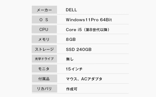 再生中古パソコン DELL製15インチノートパソコン