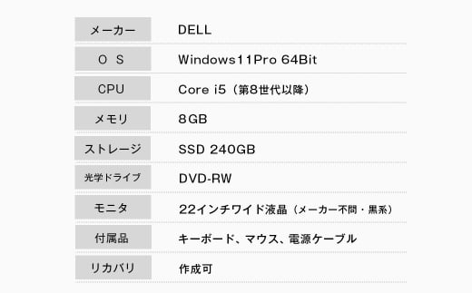 再生中古パソコン DELL製デスクトップ 22インチモニタセット