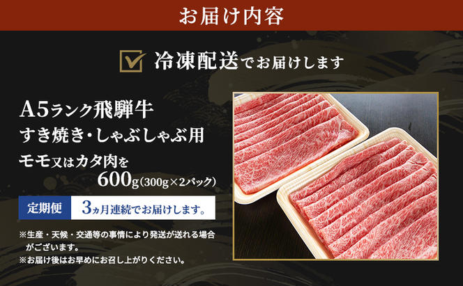 【定期便3ヶ月】牛肉 飛騨牛 すき焼き しゃぶしゃぶ セット 赤身 モモ 又は カタ 600g 黒毛和牛 A5 美味しい お肉 牛 肉 和牛 すき焼き肉 すきやき すき焼肉 しゃぶしゃぶ肉 【岐阜県瑞穂市】