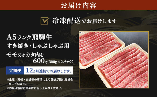 【定期便12ヶ月】牛肉 飛騨牛 すき焼き しゃぶしゃぶ セット 赤身 モモ 又は カタ 600g 黒毛和牛 A5 美味しい お肉 牛 肉 和牛 すき焼き肉 すきやき すき焼肉 しゃぶしゃぶ肉 【岐阜県瑞穂市】