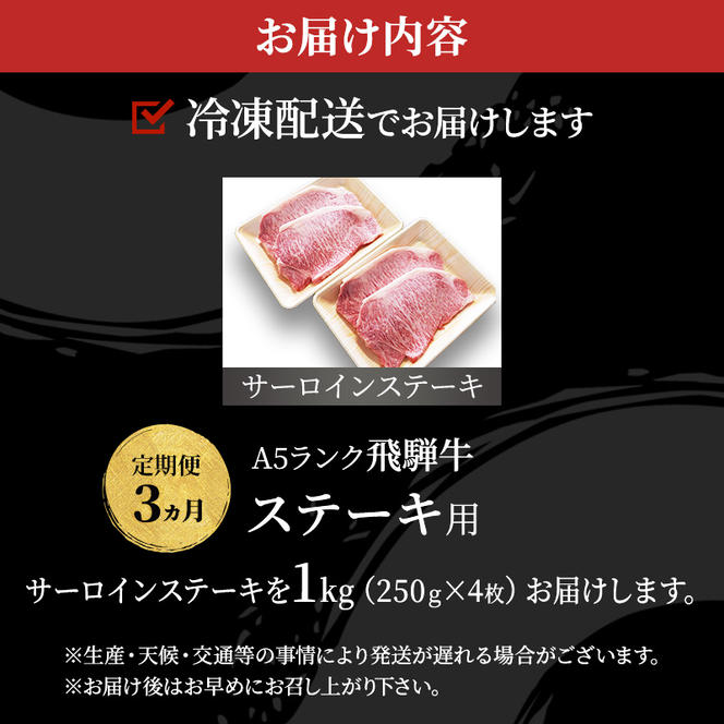 【定期便3ヶ月】牛肉 飛騨牛 サーロイン ステーキ セット 1kg （ 1枚 約250g × 4枚 ） 黒毛和牛 Ａ5 美味しい お肉 牛 肉 和牛 サーロインステーキ 【岐阜県池田町】