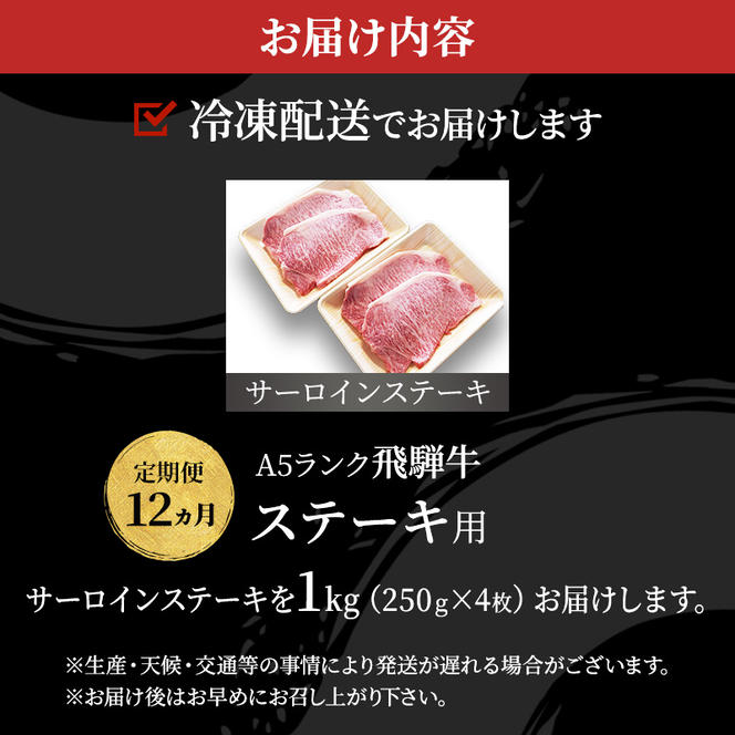 【定期便12ヶ月】牛肉 飛騨牛 サーロイン ステーキ セット 1kg （ 1枚 約250g × 4枚 ） 黒毛和牛 Ａ5 美味しい お肉 牛 肉 和牛 サーロインステーキ 【岐阜県池田町】