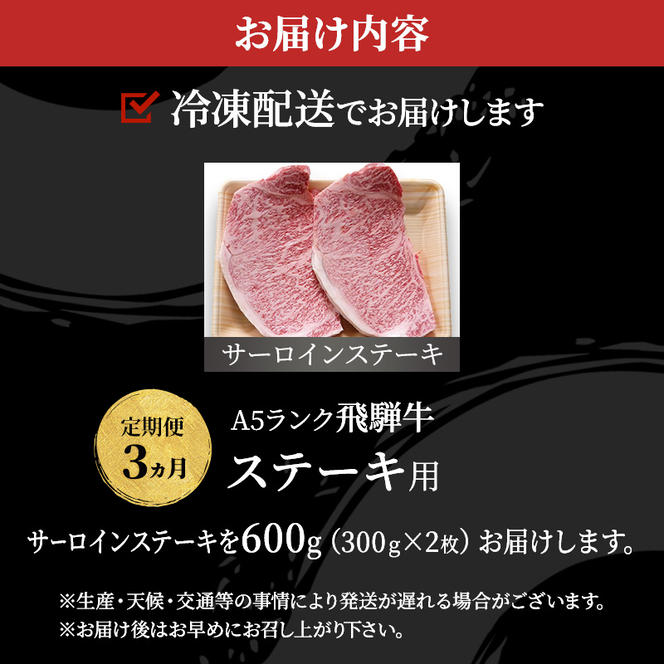 【定期便3ヶ月】牛肉 飛騨牛 サーロイン ステーキ セット 600g （ 1枚 約300g × 2枚 ） 黒毛和牛 Ａ5 美味しい お肉 牛 肉 和牛 サーロインステーキ 【岐阜県池田町】