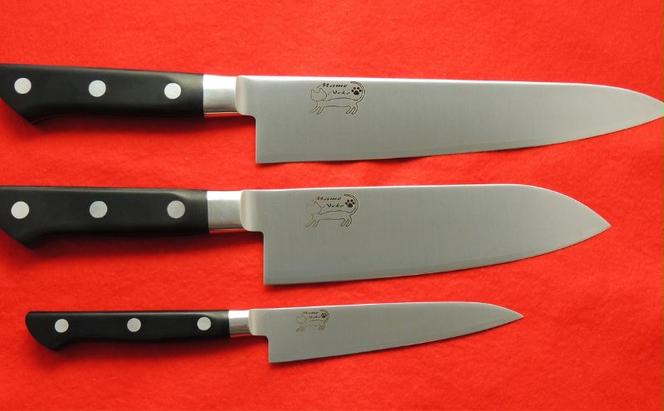 包丁 ふるさと納税専用「豆ねこ包丁」3本セット（牛刀、三徳、ペティ） セット ステンレス 牛刀 三徳 ペティ キッチン用品 日用品 耐久性 鳩山町 埼玉県 