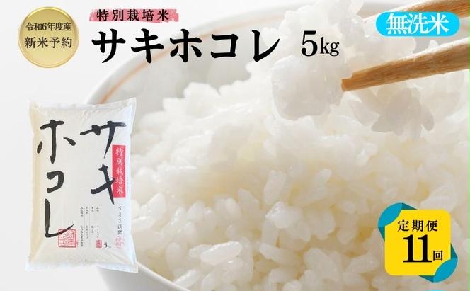 【令和6年産新米予約】<11ヵ月定期便>【無洗米】特別栽培米サキホコレ5kg×11回 合計55kg