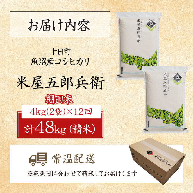 ＜新米発送＞【定期便/全12回】十日町産魚沼コシヒカリ 米屋五郎兵衛 棚田米 精米2kg 2袋セット