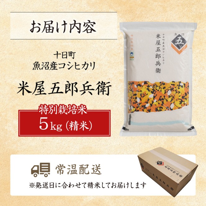 ＜R6年産新米発送＞魚沼コシヒカリ 米屋五郎兵衛特栽米5kg お米 精米 こめ ご飯 白米 特別栽培 