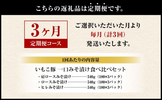 【定期便3回】簡単便利 いもこ豚 ひと口みそ漬け 食べ比べセット 合計1.62kg×3回 総合計4.86kg (肩ロース・ロース・ヒレ) 各540g みそ漬け 味噌漬け 豚肉 豚 肉 食べ比べ 3種 セット 詰合せ 冷凍 宮崎県産 九州産 送料無料