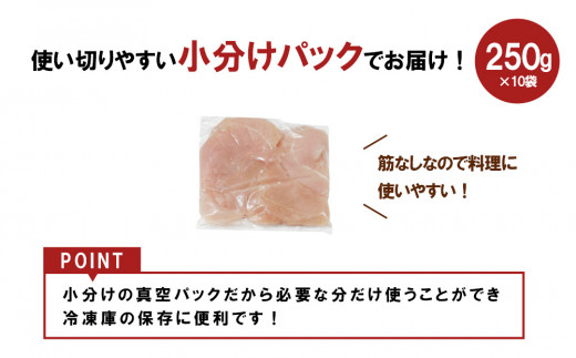 宮崎県産 若鶏筋なしささみ 2.5kgセット (250g×10袋) 鶏肉 ささみ 鶏ささみ 小分け 真空パック タンパク質 チキン冷凍 国産 宮崎県産 九州 送料無料