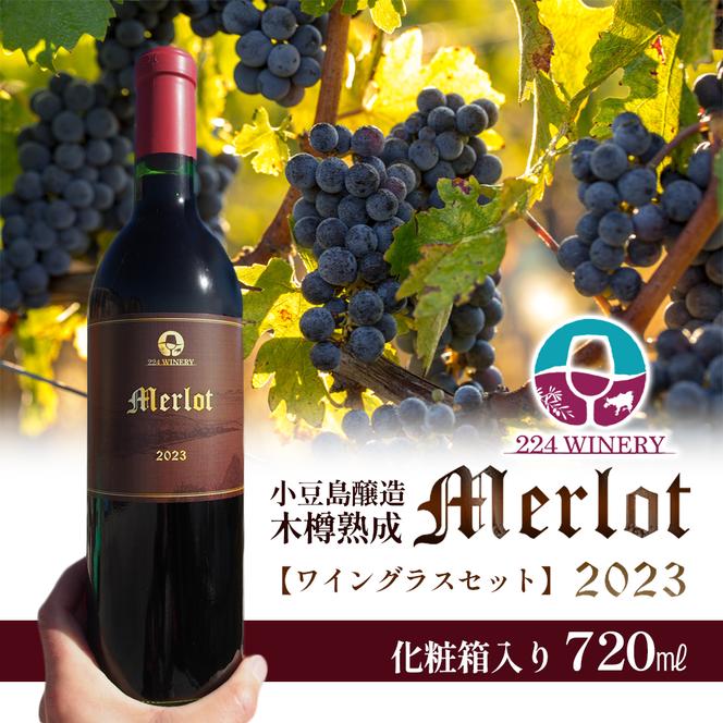 【ワイングラスセット】小豆島醸造 メルロー 2023年 720ml×1本&ブルゴーニュ型ワイングラス2脚 ワイン 国産