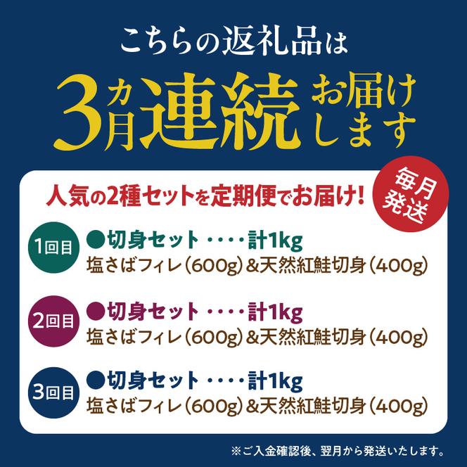 G60-T53_【定期便　全3回】人気の2種塩さば＆紅鮭切り身セット計3kg (1kg × 3回)