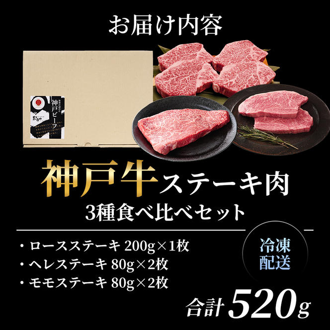 神戸牛 ステーキ ロース ヒレ モモ 3種食べ比べ Dセット 計5枚（520g） ヘレ モモ赤身 牛肉 和牛 お肉 ステーキ肉 焼肉 焼き肉 黒毛和牛 福袋 冷凍