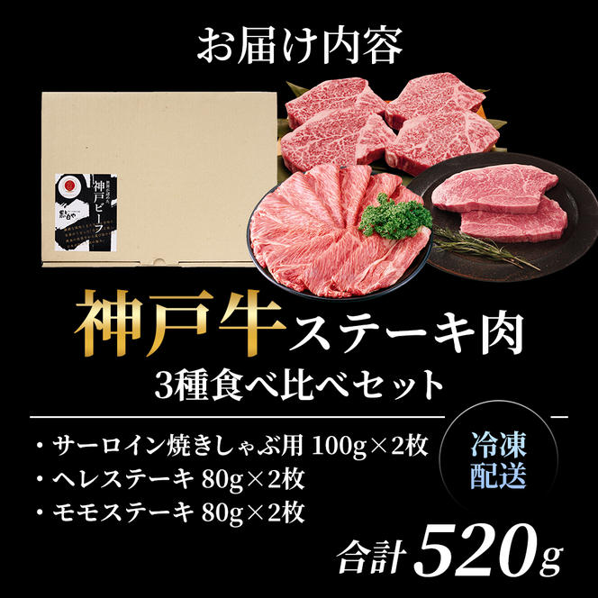 神戸牛 ステーキ & サーロイン 焼きしゃぶ ヒレ モモ 3種食べ比べ Eセット 計6枚（520g） ヘレ モモ赤身 牛肉 和牛 お肉 ステーキ肉 焼肉 焼き肉 黒毛和牛 福袋 冷凍