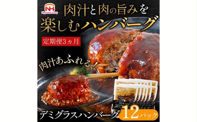 【定期便】肉汁あふれるデミグラスハンバーグ12個入　3ヶ月定期便　日ハム 冷凍 個食 使い切り