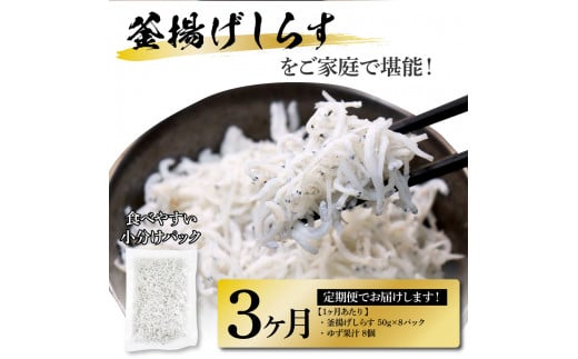 《3ヶ月定期便》高知県産釜揚げしらす×8パック 定期便 定期コース 3回 簡易梱包 小分け 国産 釜揚げ シラス丼 海鮮丼 ゆず付 お茶漬け 軍艦巻き 手巻き寿司 冷凍配送 おかず お取り寄せ