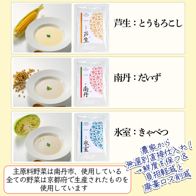 京都産野菜にこだわった無添加スープ 3食入りセット ※全ての商品で香料・着色料不使用、一部商品で食品添加物不使用  詰め合わせ ポタージュ レトルト食品 レトルト 離乳食 惣菜 京都