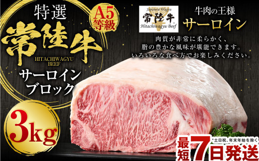 【特選】常陸牛（ひたちぎゅう）A5等級 サーロインブロック 3kg（茨城県共通返礼品 茨城県産）