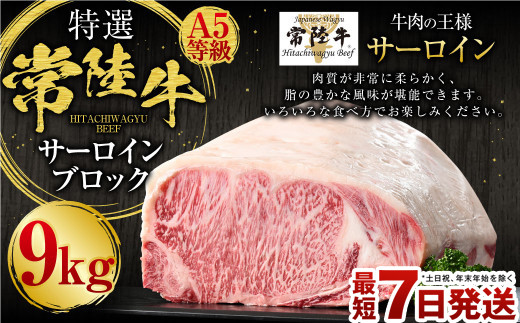 【特選】常陸牛（ひたちぎゅう）A5等級 サーロインブロック 9kg（茨城県共通返礼品 茨城県産）