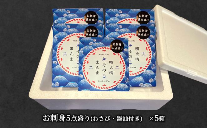 噴火湾そのまんま お刺身5点盛り(わさび・醤油付き)5箱 旬菜一鮮 だて大和屋 厳選 魚介 海鮮 刺身 刺し身 小分け 新鮮 魚介類 魚貝類 加工食品 贈答 ギフト 贈り物 ご褒美