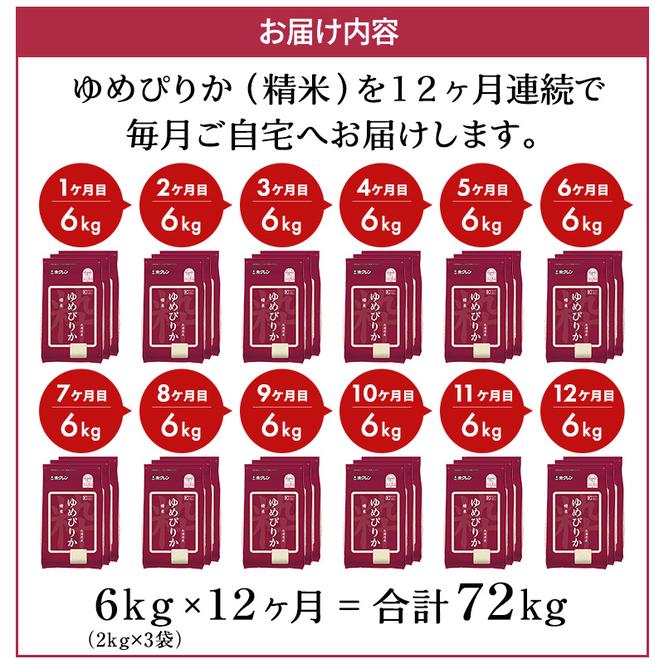 米 定期便 ゆめぴりか 1年 定期配送 ホクレンゆめぴりか 2kg × 3 精米 チャック付袋 お米 コメ こめ おこめ 6キロ 白米 北海道 道産 国産 特A ごはん ご飯 おかず おにぎり お取り寄せ